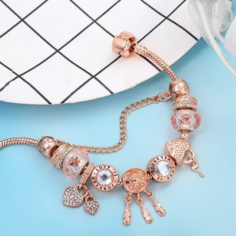 Rose Dreamcatcher Bracelet with Sterling Silver Charms - Pink