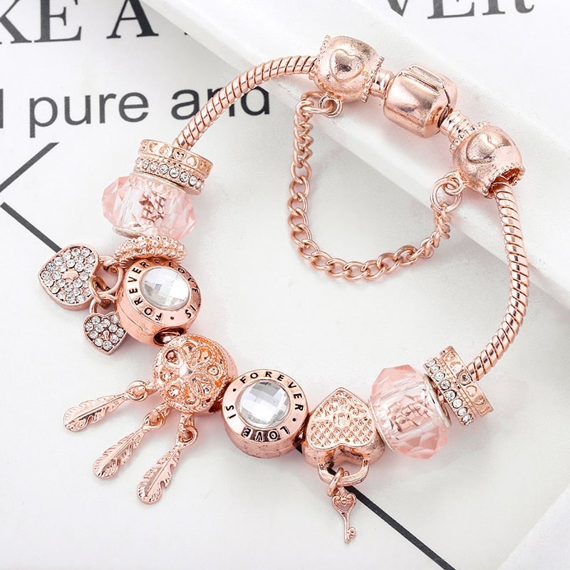 Rose Dreamcatcher Bracelet with Sterling Silver Charms - Pink