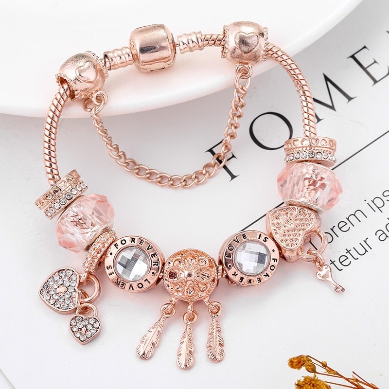 Rose Dreamcatcher Bracelet with Sterling Silver Charms - Pink