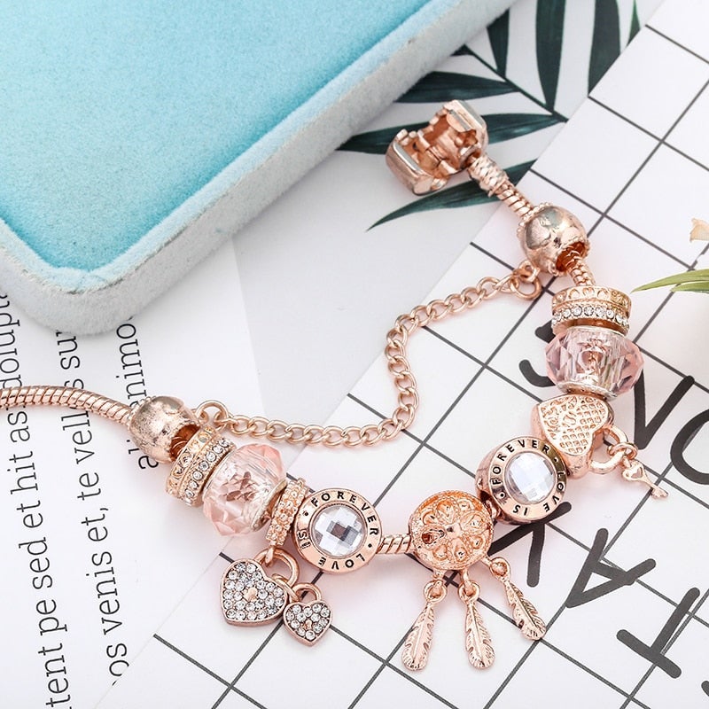 Rose Dreamcatcher Bracelet with Sterling Silver Charms - Pink
