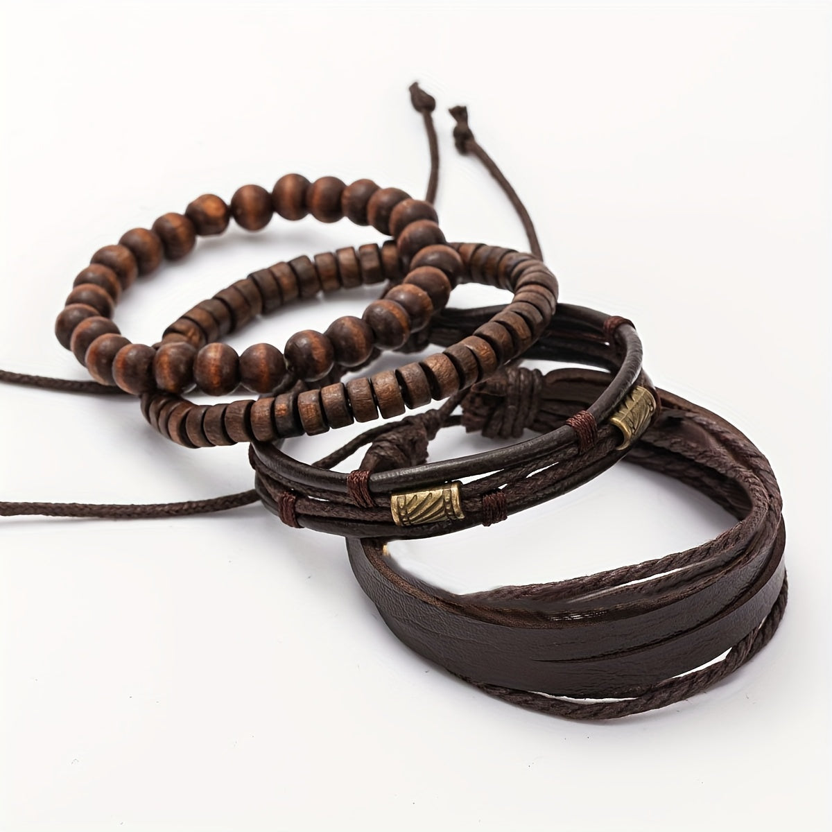 Stylish Leather and Wooden Bracelet Set - For the Modern Man