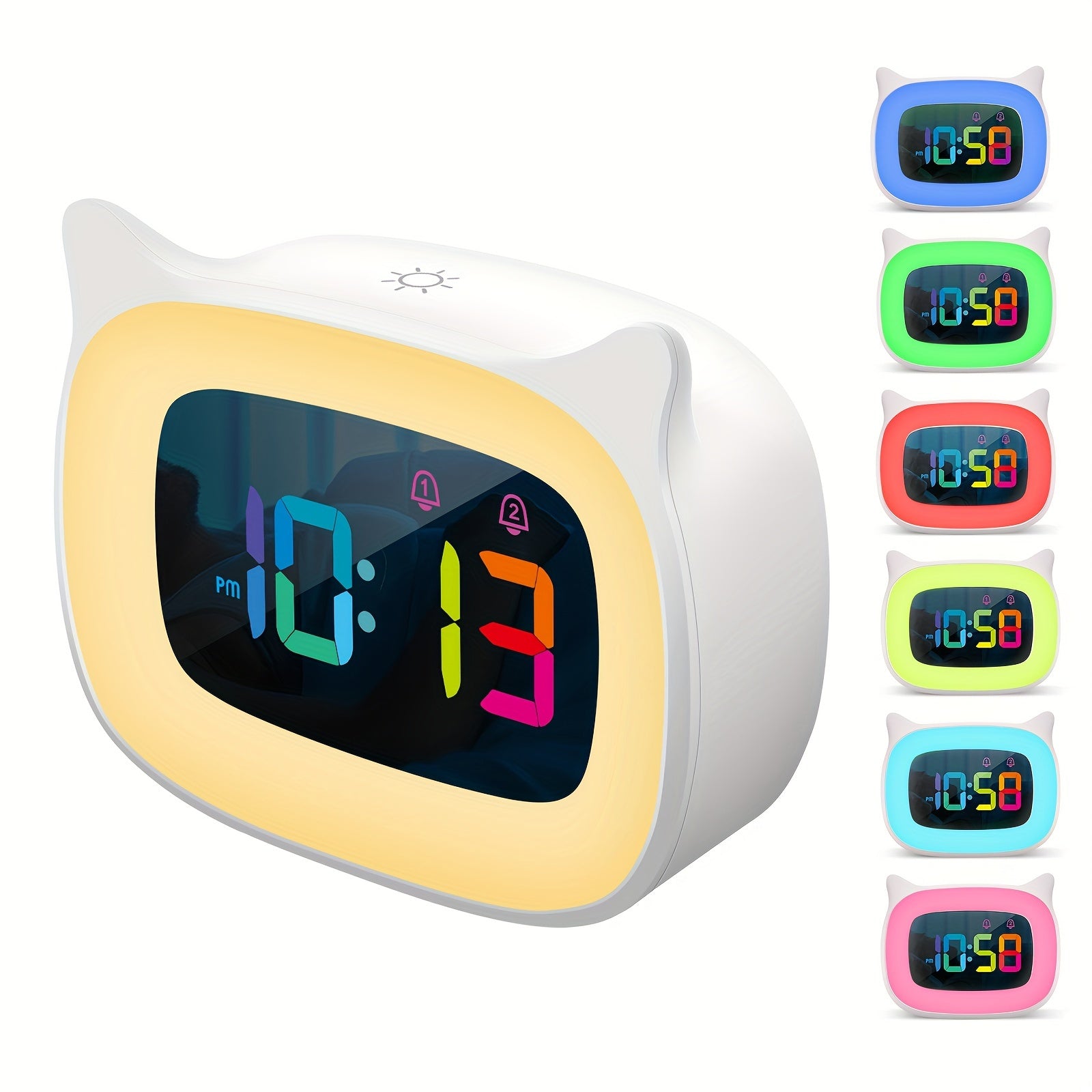 Cute Cat Ears Alarm Clock – RGB Night Light with 18 Melodies and USB Rechargeable