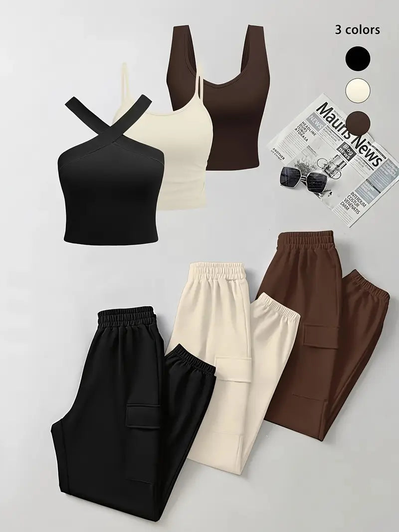 6-Piece Women's Casual Set for Spring/Summer Made from Knitted Fabric with Round Neck, Pocket and Elastic Waist, Polyester Blend