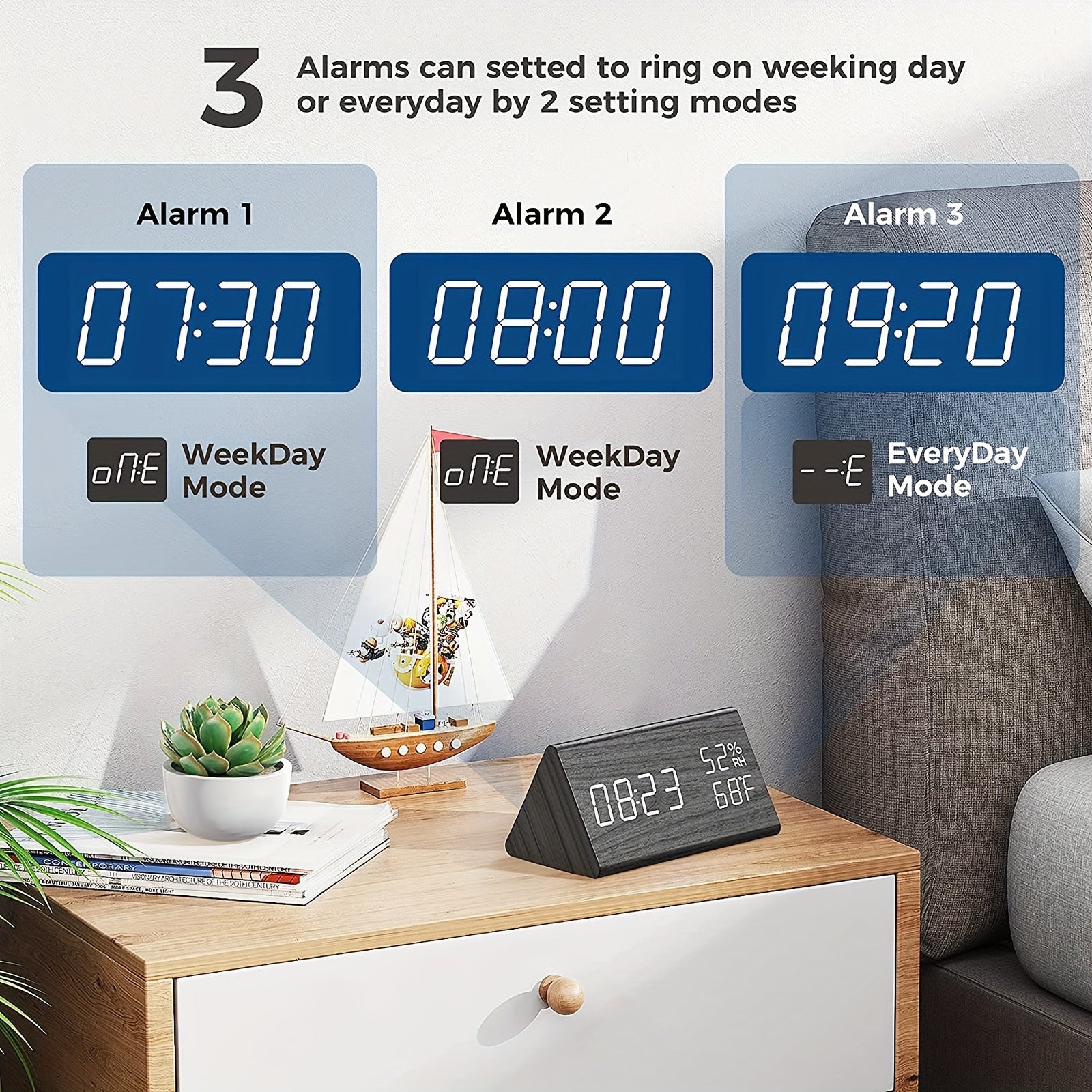TriWood LED Alarm Clock – Functional and Minimalist Design