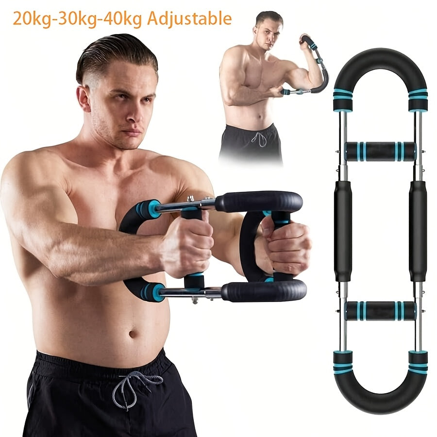 Adjustable Arm and Chest Muscle Trainer for Men with Stainless Steel Frame and Comfortable Blue Grips