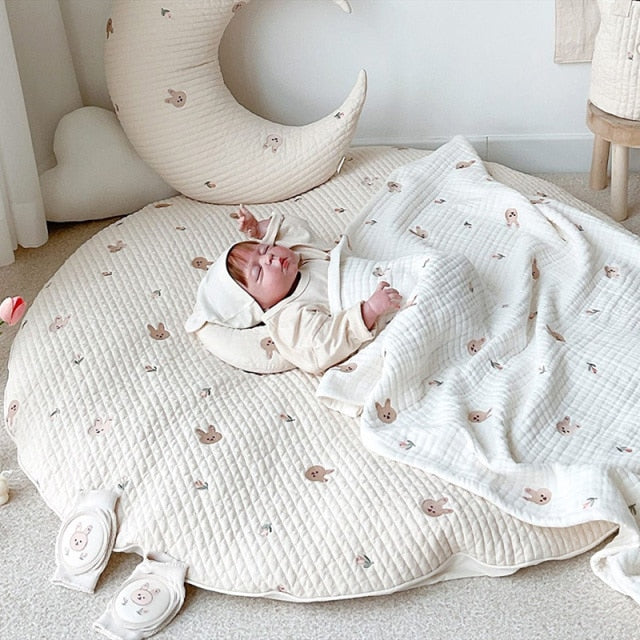 Padded Cotton Baby Play Mat with Animal Motif Embroidery – 80 cm