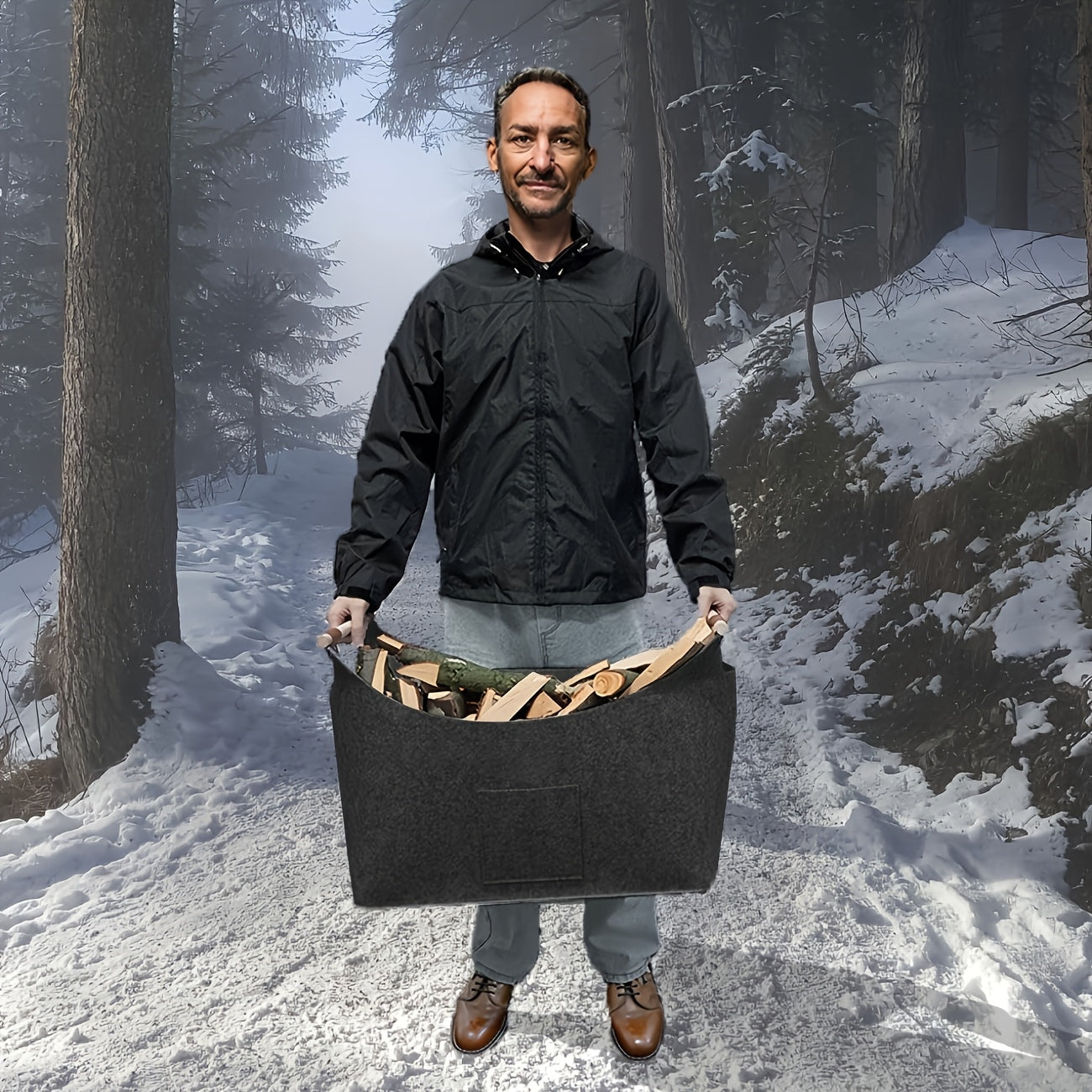 Foldable Felt Basket XL with Wooden Handles – Sustainable and Stylish Wood Carrier for Indoor Use