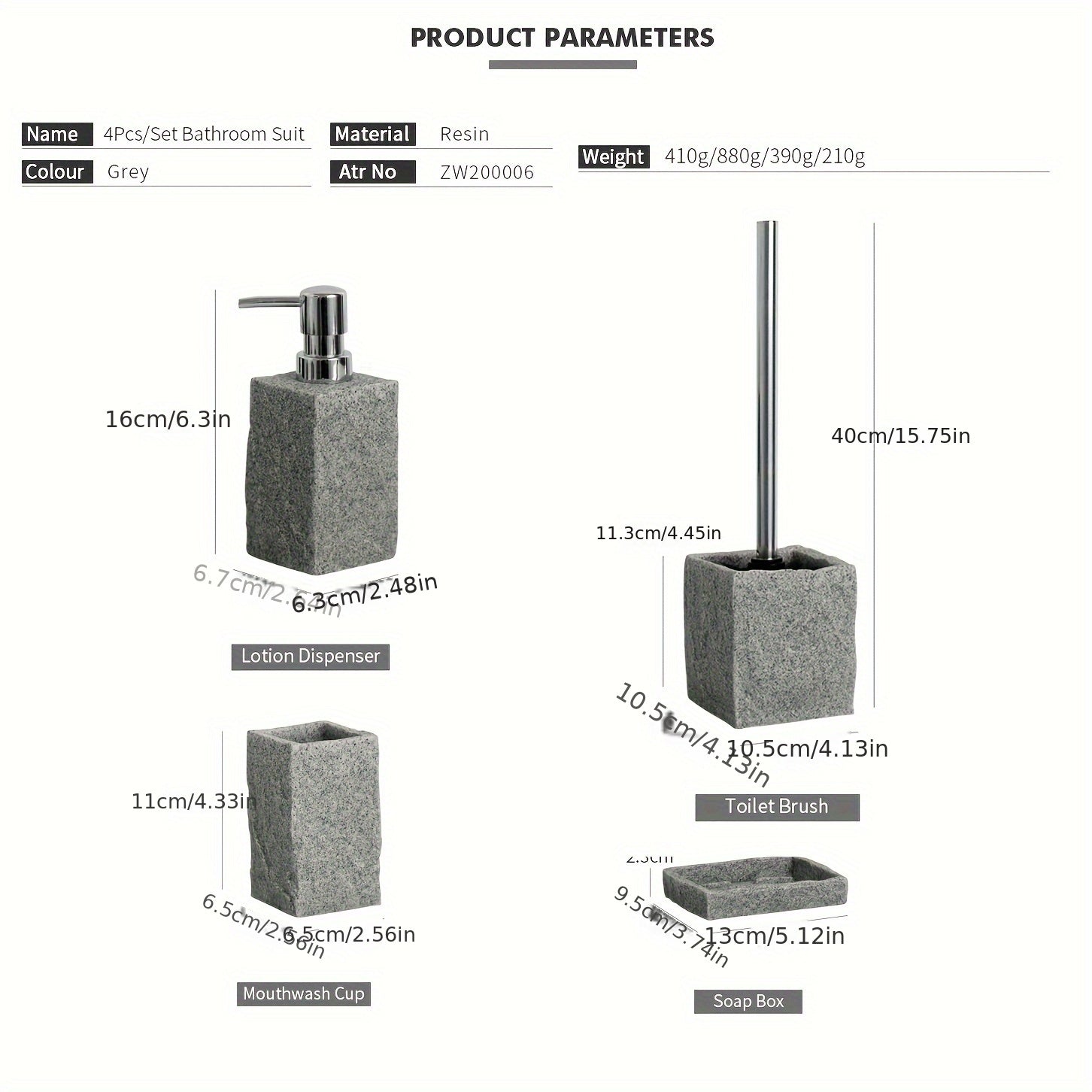 Grey Resin Bathroom Set – Luxury Set of 4 Pieces for an Elegant Bathroom