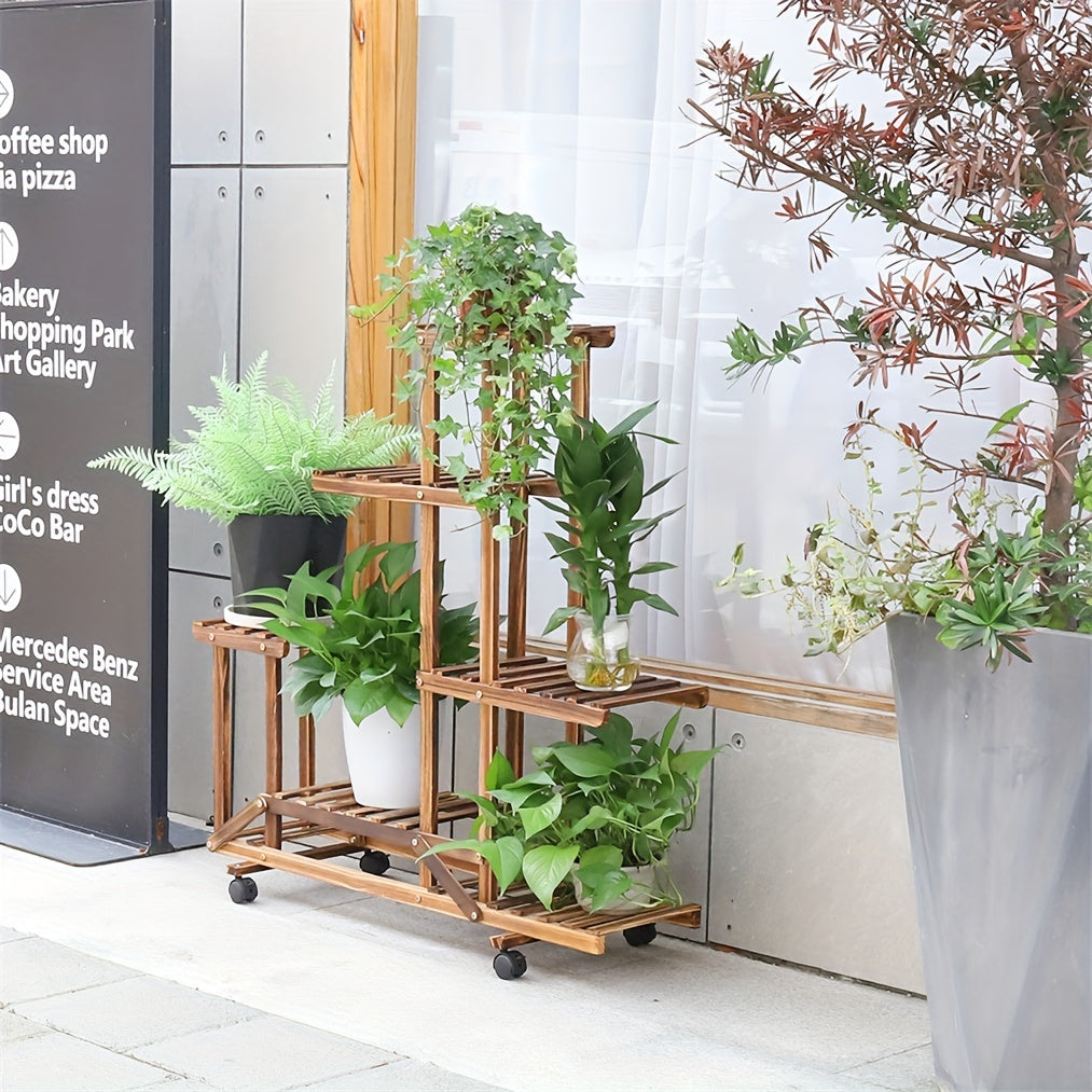 Robust 6-Tier Wooden Plant Stand – Carbonised Treatment