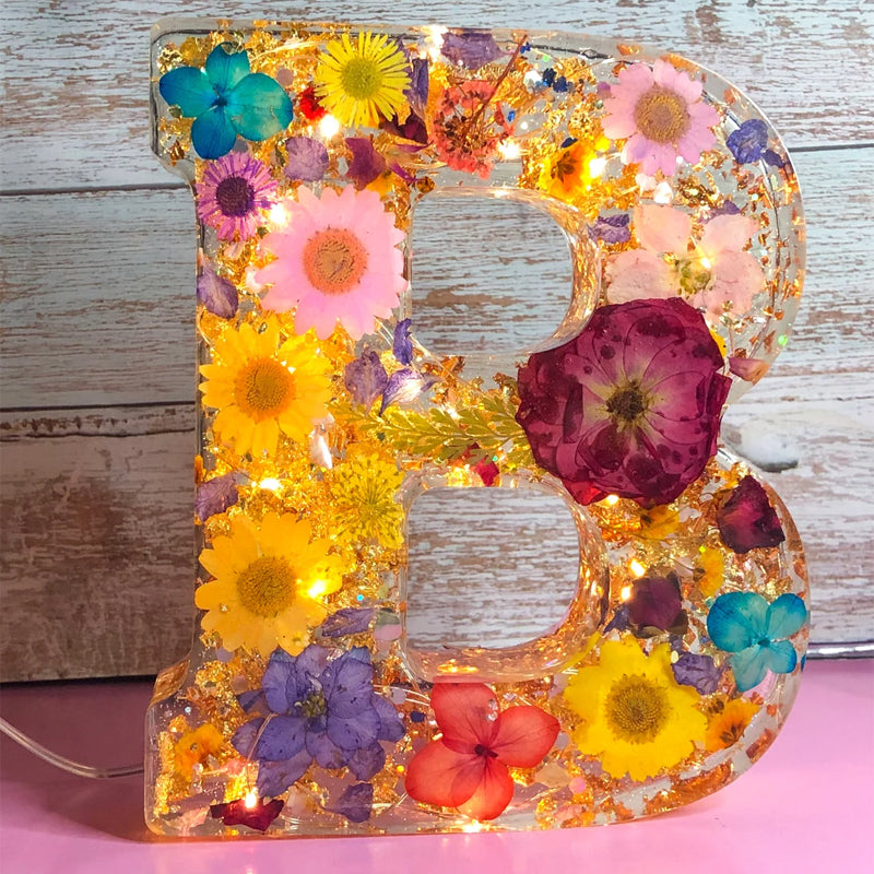 LumiFlair Floral Initial Night Lamp | Custom Resin Letter Light with Soft LED Glow