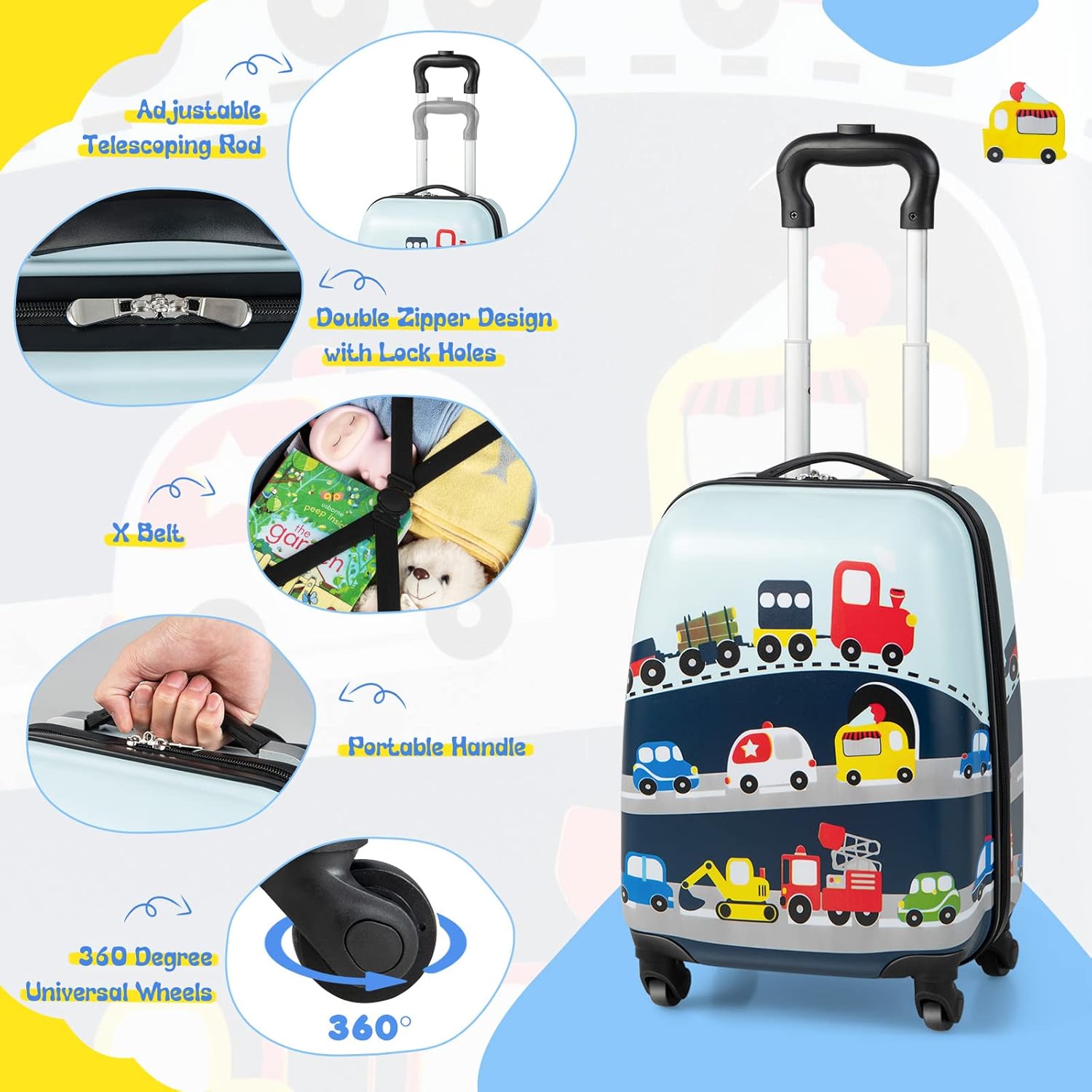 Children's 2-Piece Hard Shell Luggage Set and Backpack with 360° Wheels – Helicopter