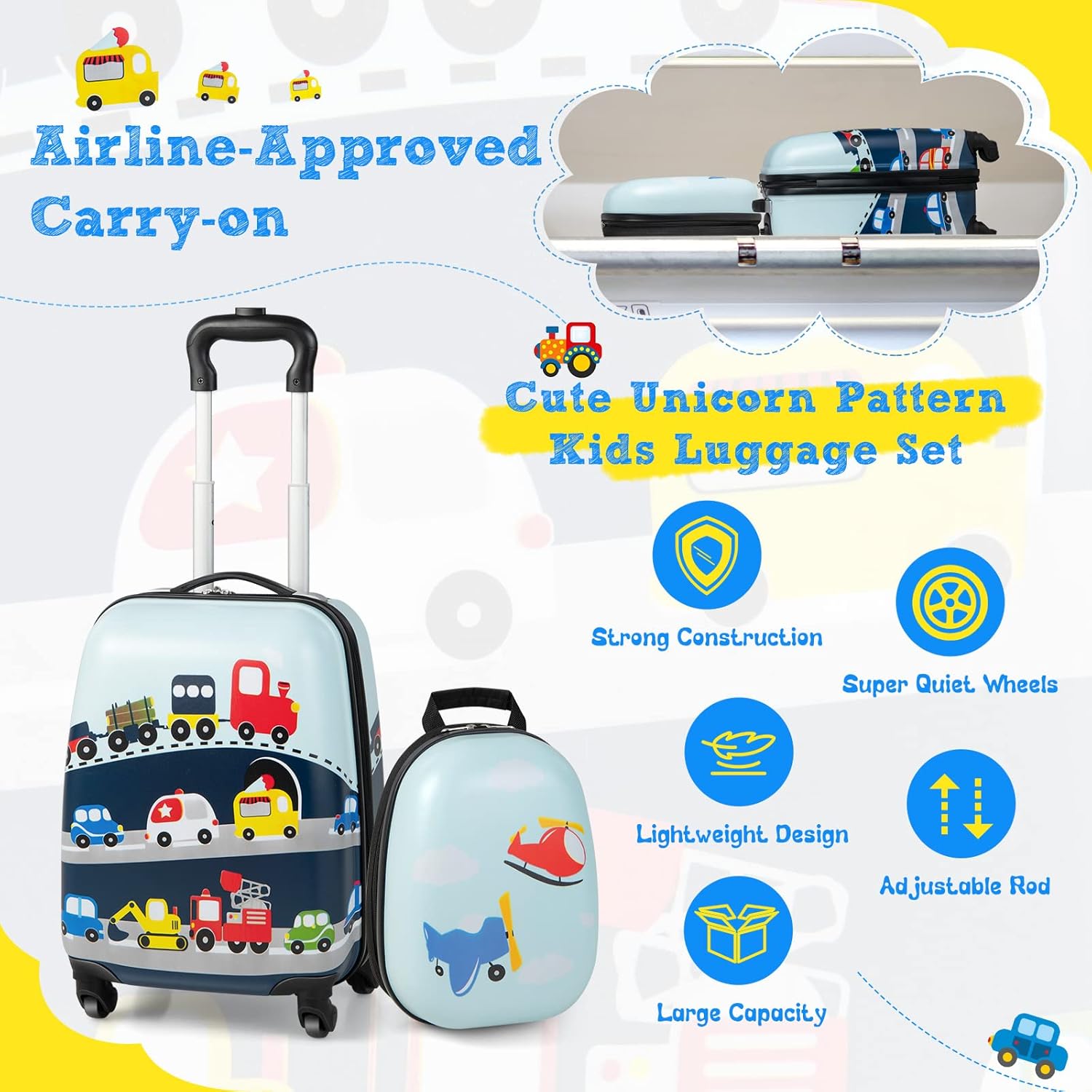 Children's 2-Piece Hard Shell Luggage Set and Backpack with 360° Wheels – Helicopter