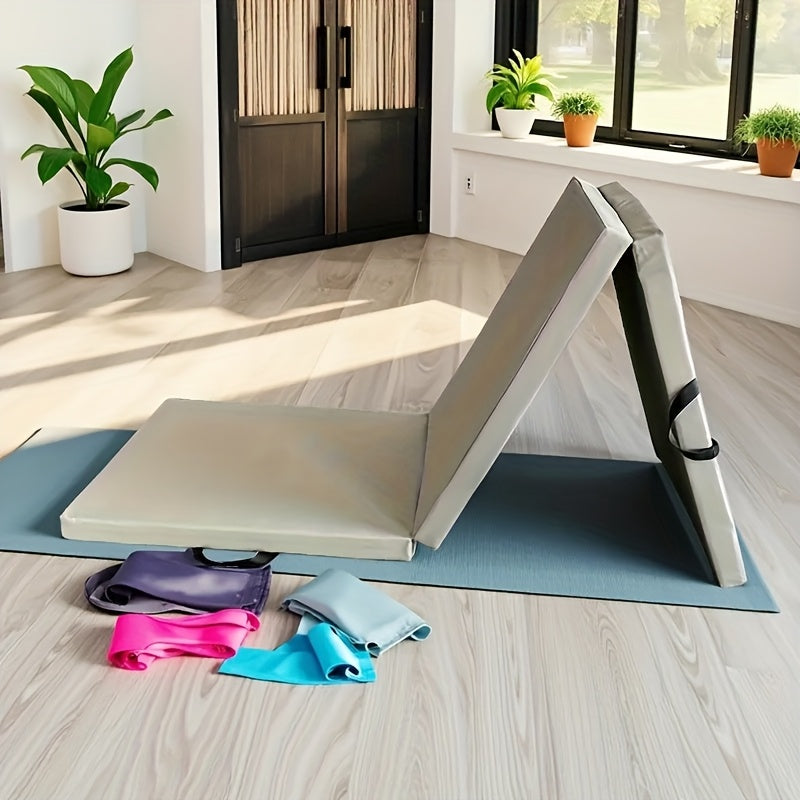 Portable tri-fold yoga mat with thick padding, non-slip PU surface, and handle