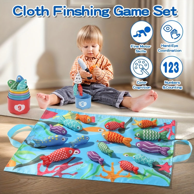 Children's Fabric Fishing Game – Plush Fish and Stacking Cups for Educational Fun