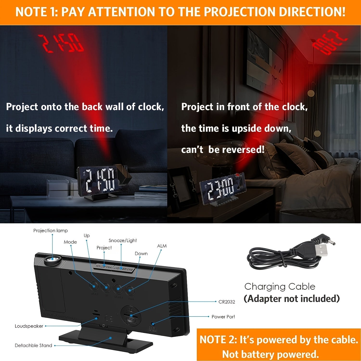 LED Projection Alarm Clock with 180° Adjustable Projection – Clear Display and Snooze Function for Bedroom or Office