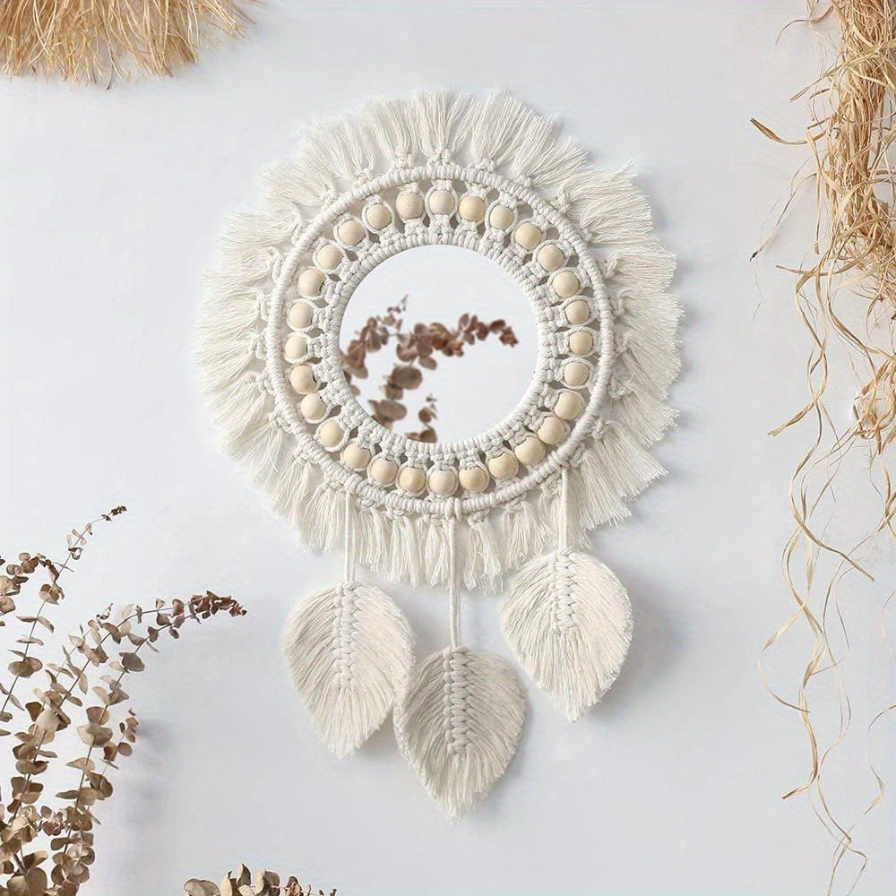 Boho Macramé Wall Mirror with Fringes – Decorative Mirror with Beads and Feathers