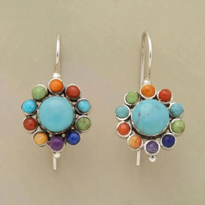 Round Turquoise Earrings in Colourful Design - Selina
