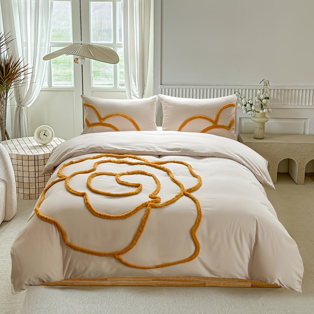 Tufted Bedding Set – Bedspread and Pillowcases with Large Flower Design