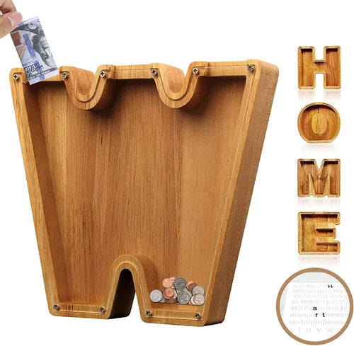 TreasureNest Coin Bank | Personalized wooden savings box in A-Z letter designs