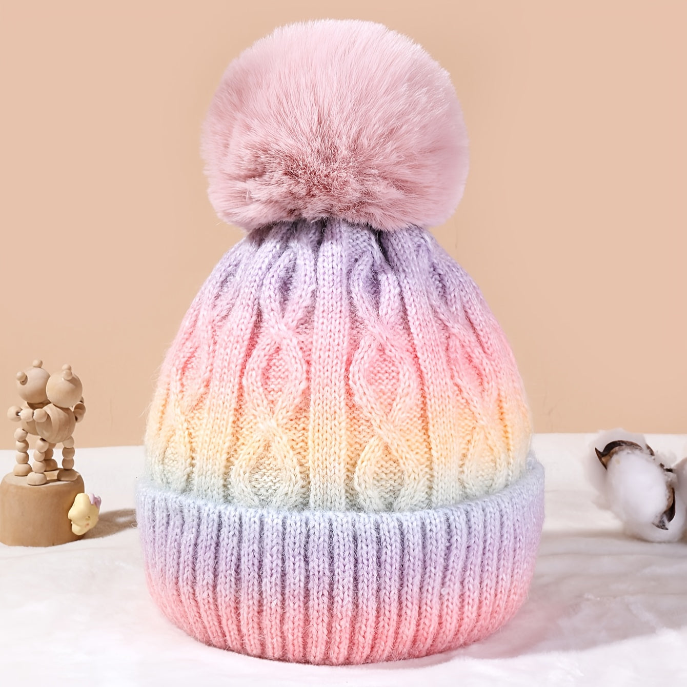 Lana Rainbow Beanie for Girls - Knitted Hat with Pom Pom and Thick Material for Winter