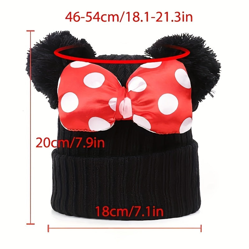 Sanne Cute Minnie Hat for Children - Knitted Beanie with Bow and Pom Poms
