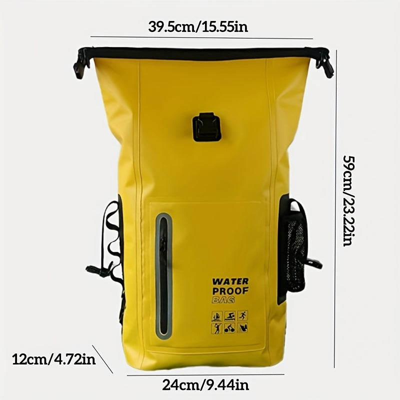 Waterproof 25L Roll-Top Rucksack with Multiple Pockets, Sturdy Buckle Seal, and Mesh Side Pocket