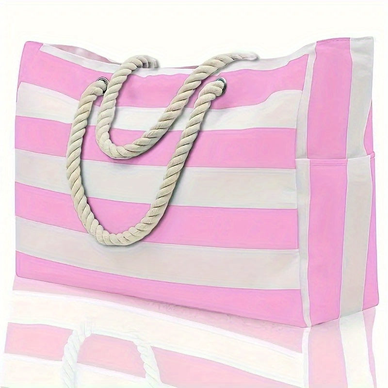 Striped Large Capacity Beach Bag – Durable Polyester with Zip
