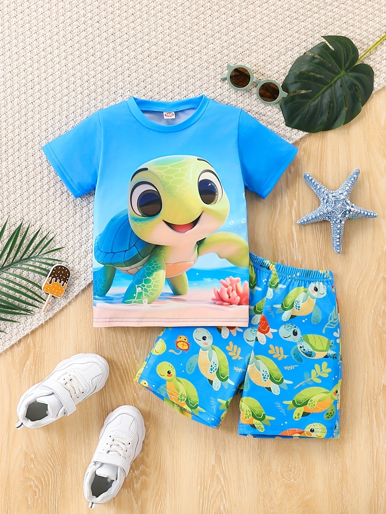 Turtle Print Summer Set – Casual T-Shirt and Shorts for Boys