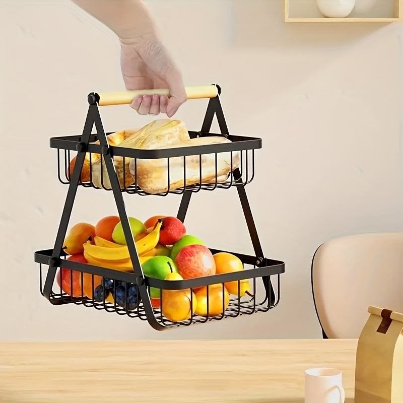 Two- and Three-Tier Storage Basket with Wooden Handle - Stylish Solution for Kitchen and Bathroom