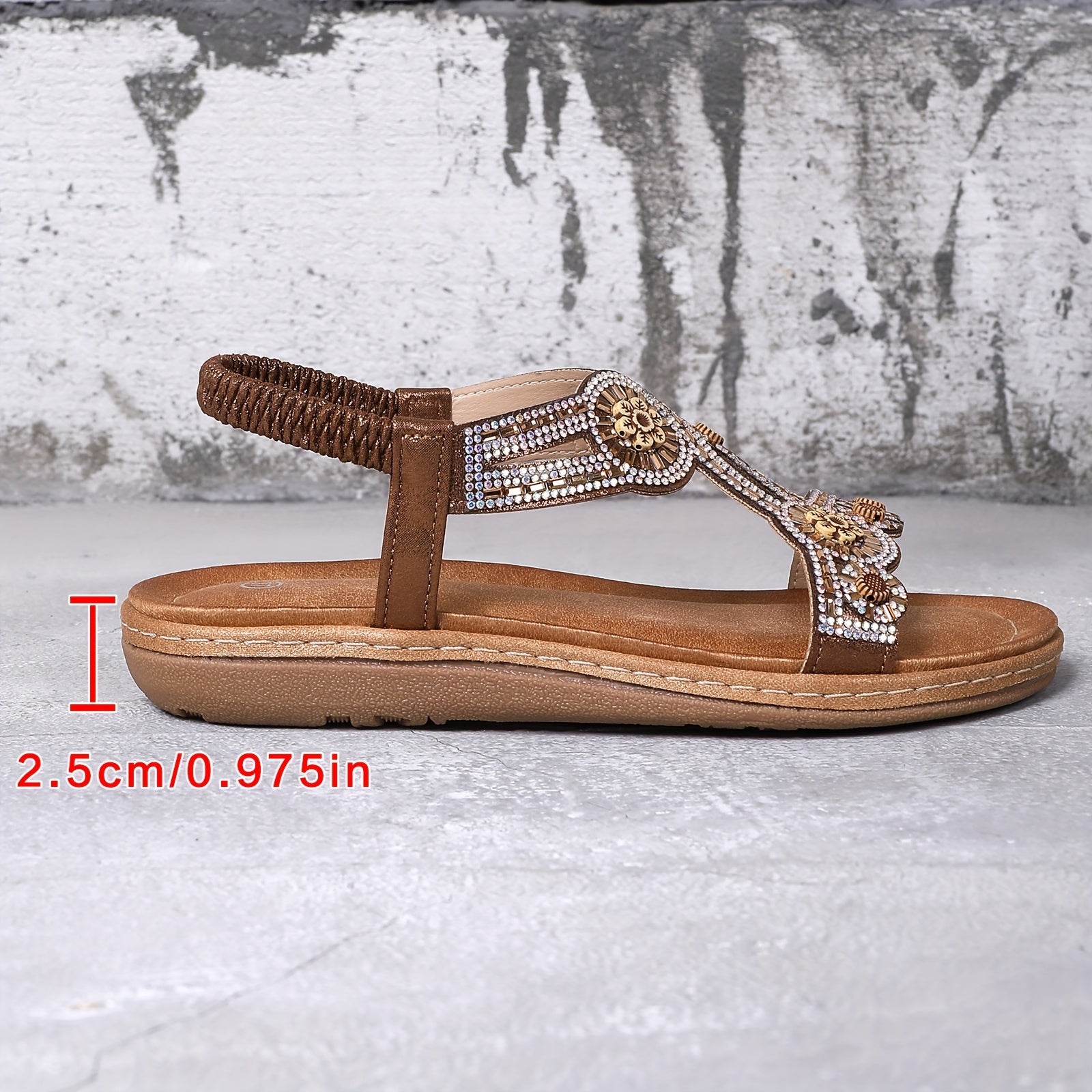Ladies Flat Sandals with Rhinestones and Elastic Band in Boho Style