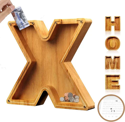 TreasureNest Coin Bank | Personalized wooden savings box in A-Z letter designs