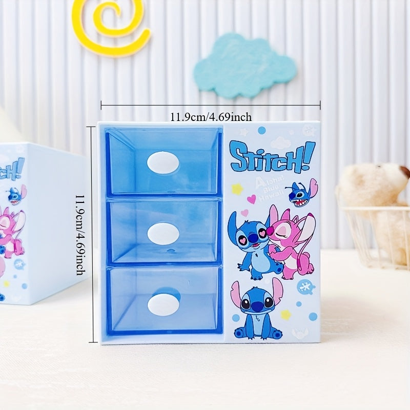 Disney Stitch Cartoon 3-Compartment Storage Box – Multifunctional Organiser for Desk, Jewellery, and Toys