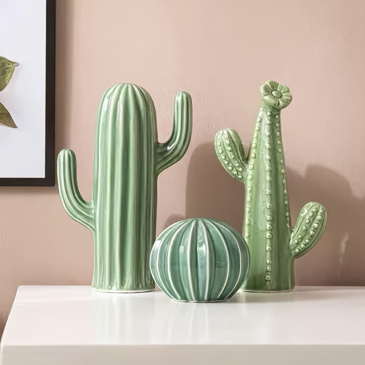 Trio of Ceramic Cactus Decorations – Striped & Textured Indoor Ornaments