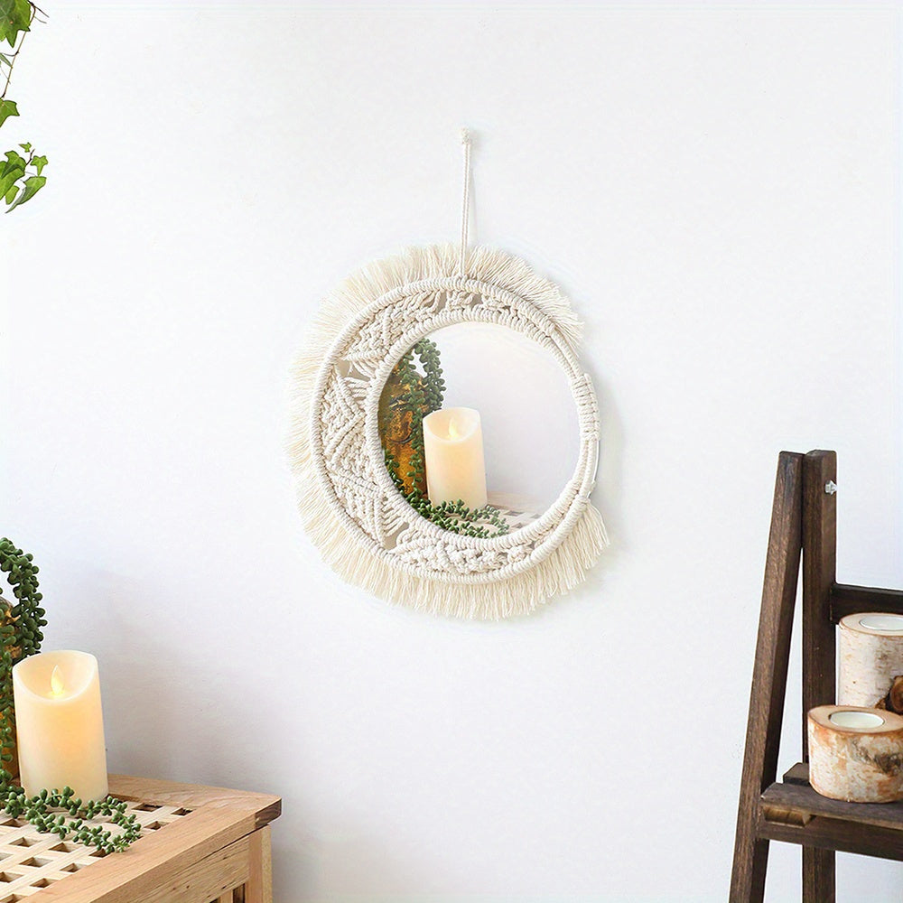 Boho Chic Wall Mirror – Round Mirror with Macramé Fringes for a Stylish Living Space