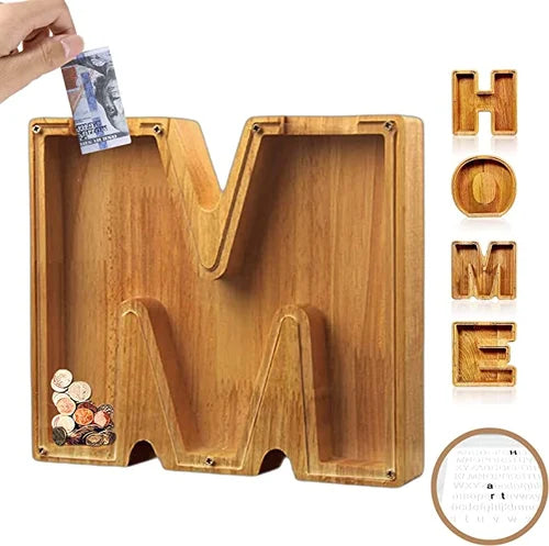 TreasureNest Coin Bank | Personalized wooden savings box in A-Z letter designs