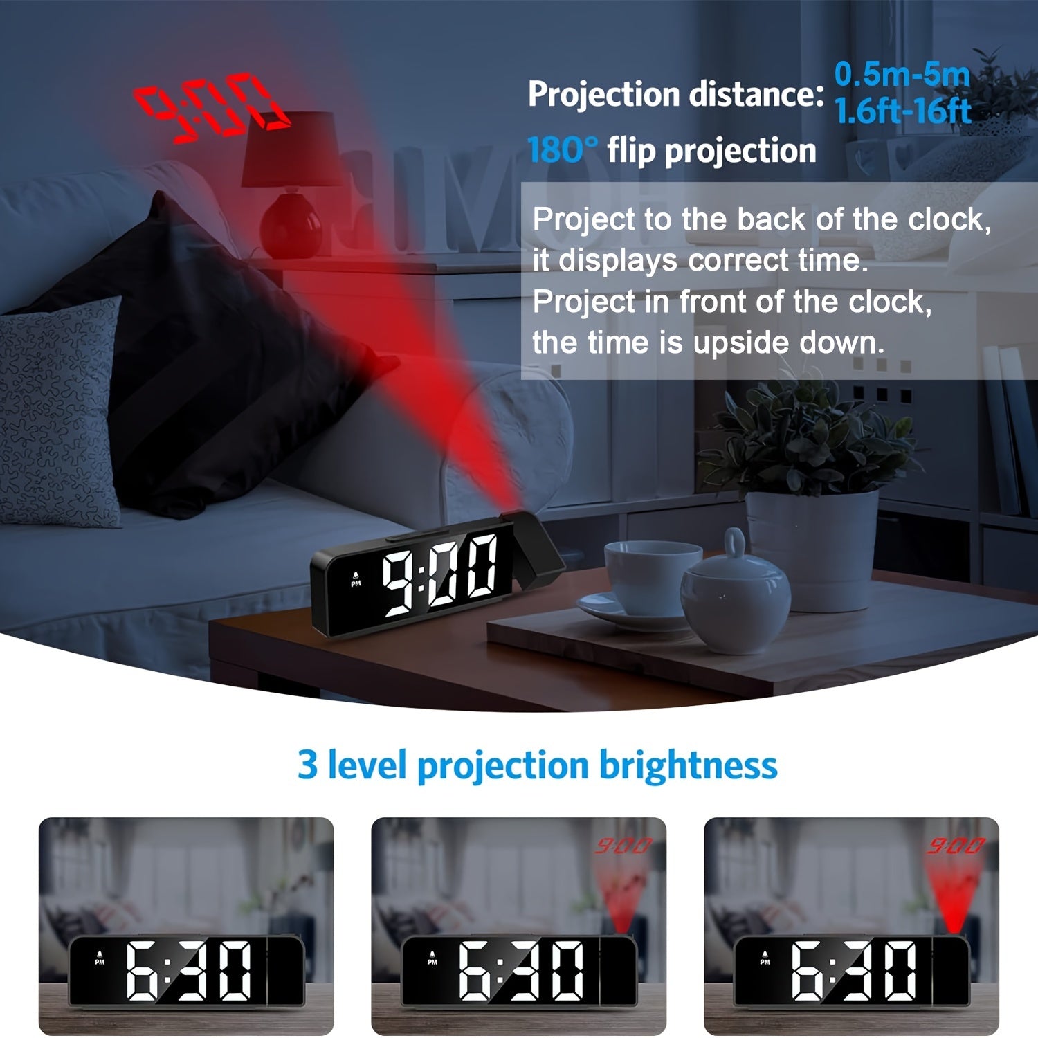 LED Projection Alarm Clock – Temperature and Date Display with USB Power
