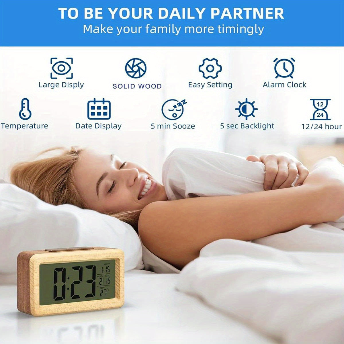 Wooden Digital Alarm Clock – LED Display with Temperature and Date