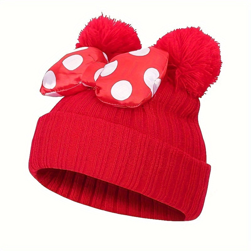 Sanne Cute Minnie Hat for Children - Knitted Beanie with Bow and Pom Poms