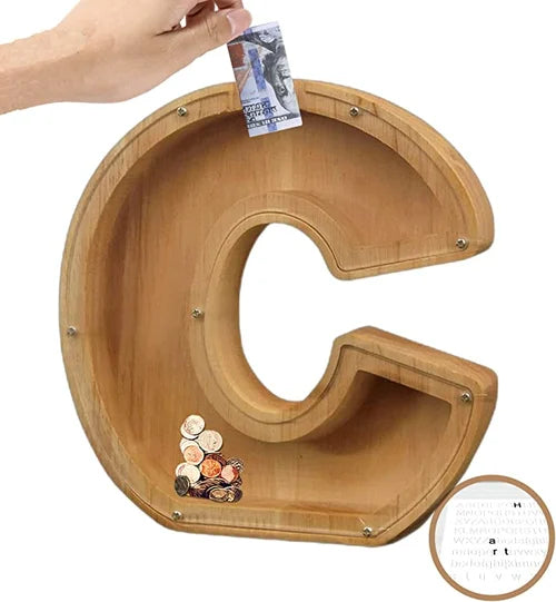 TreasureNest Coin Bank | Personalized wooden savings box in A-Z letter designs