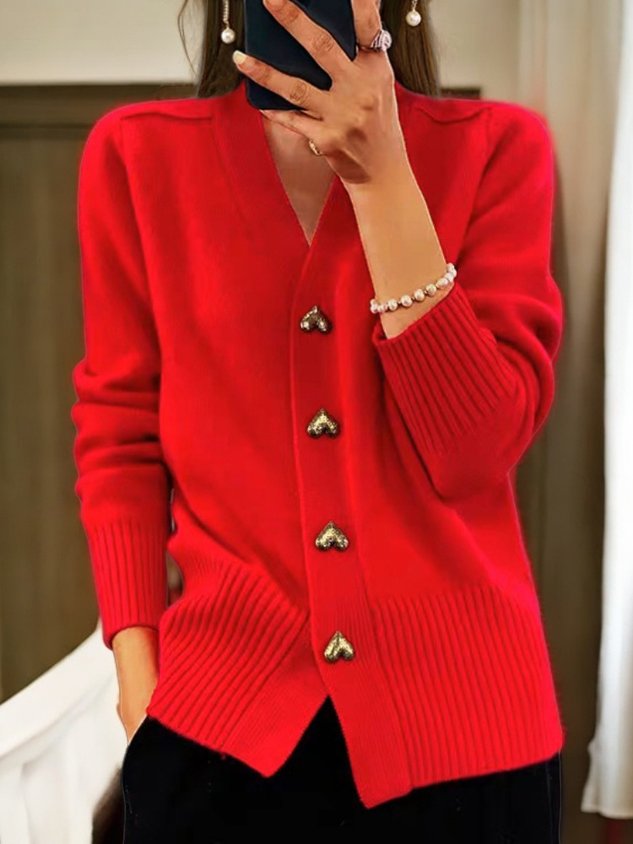 Stylish Knitted Ladies' Cardigan - V-Neck | Heart-Shaped Buttons