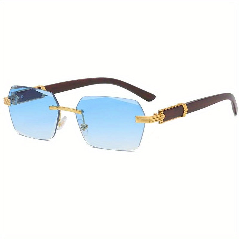 Rimless Sunglasses with Rectangular Lenses and Wooden Temples – Verro