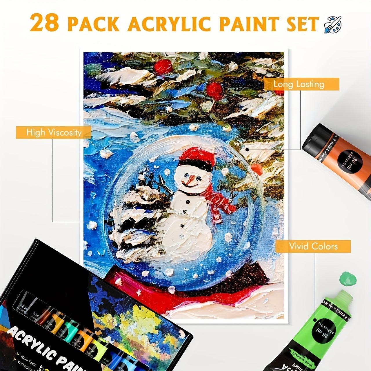 Acrylic Paint Set – 28 Pieces, Including 18 Colours of Acrylic Paint and 10 Brushes