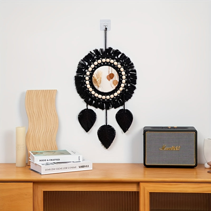Boho Macramé Wall Mirror with Fringes – Decorative Mirror with Beads and Feathers