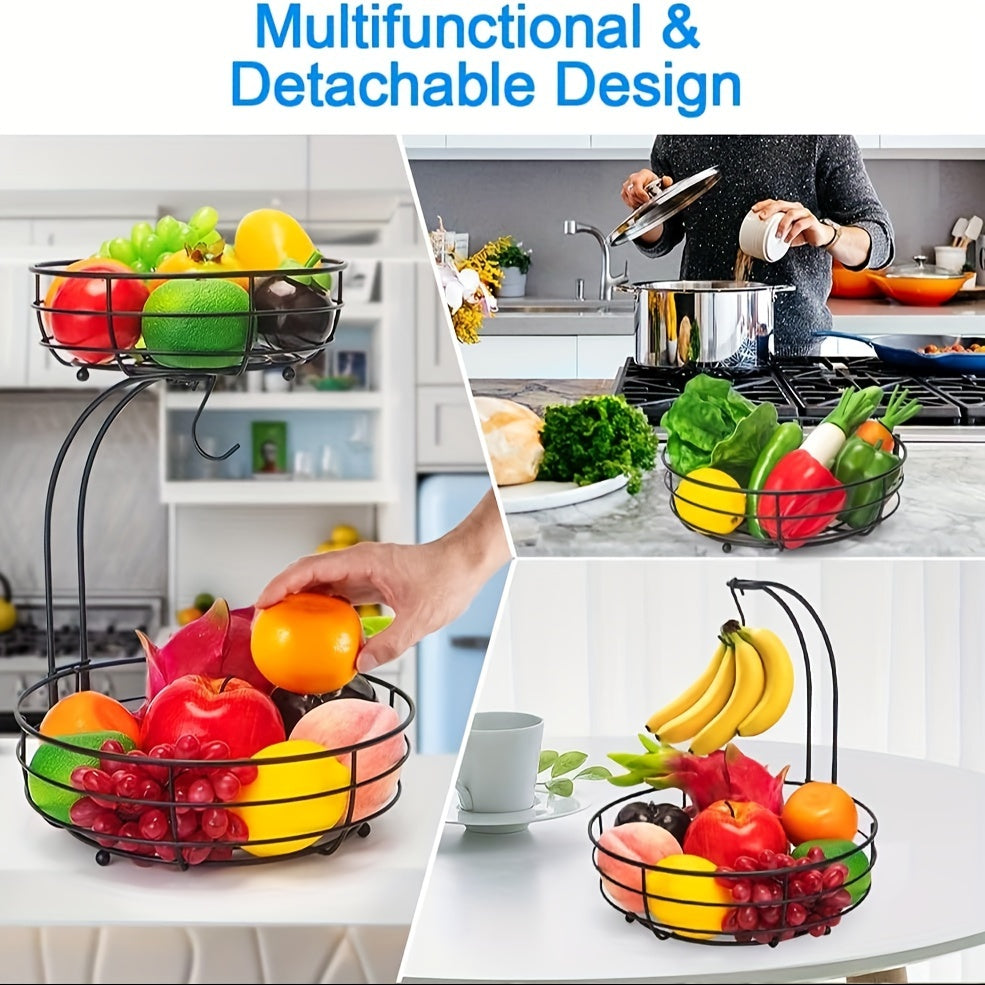 2-Tier Oval Fruit Bowl with Banana Holder – Metal Kitchen Organiser