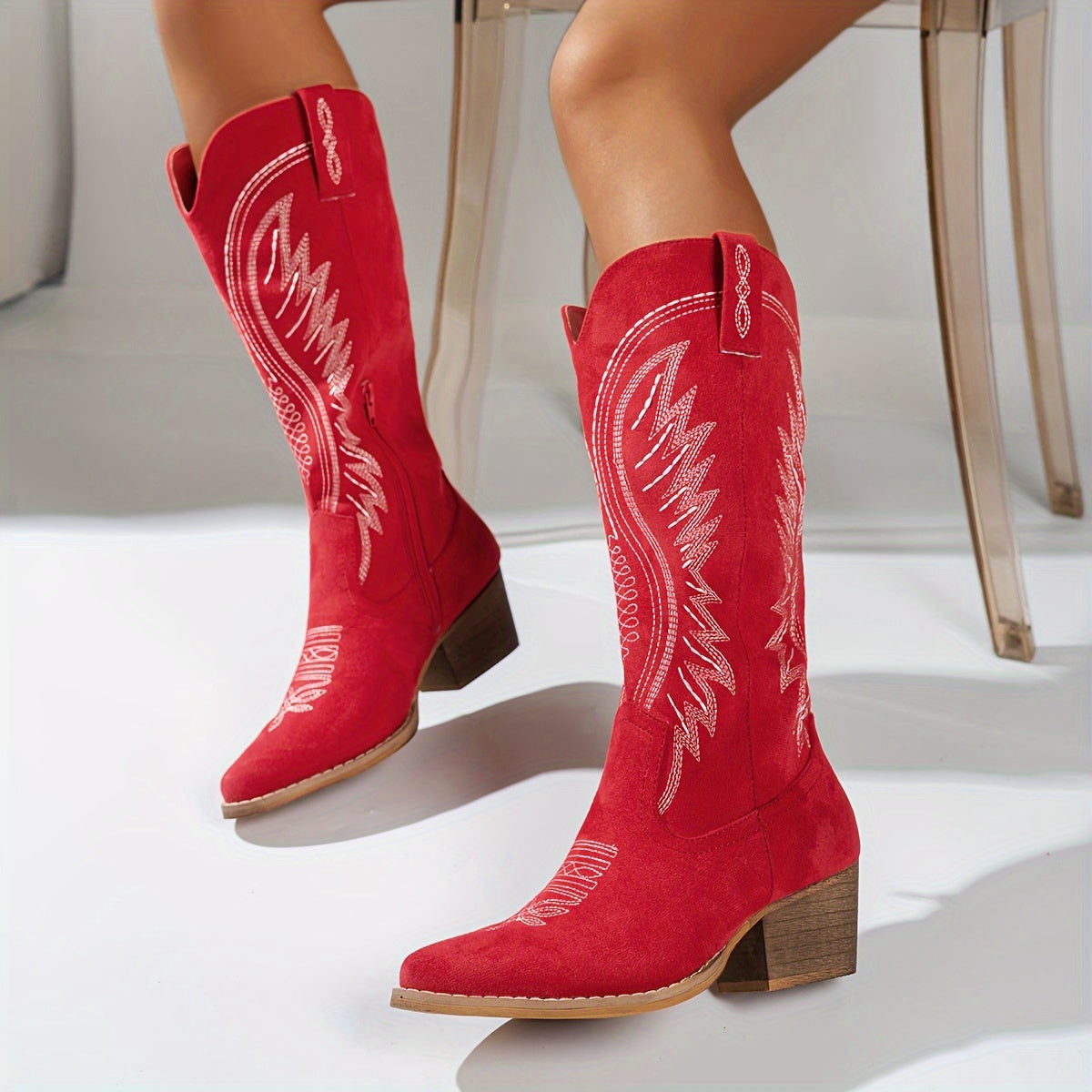 Ladies Embroidered Cowboy Boots with Pointed Toe and Mid-Heels