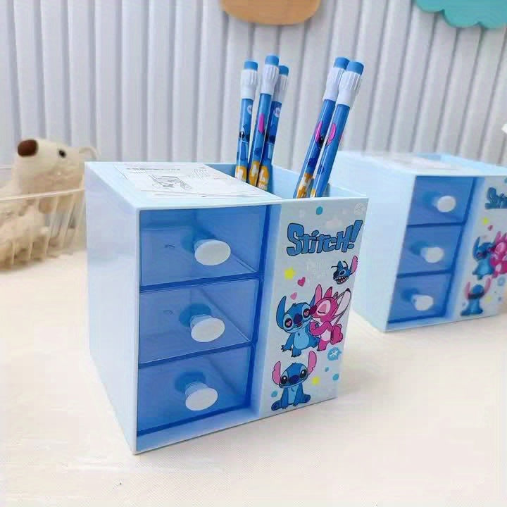 Disney Stitch Cartoon 3-Compartment Storage Box – Multifunctional Organiser for Desk, Jewellery, and Toys