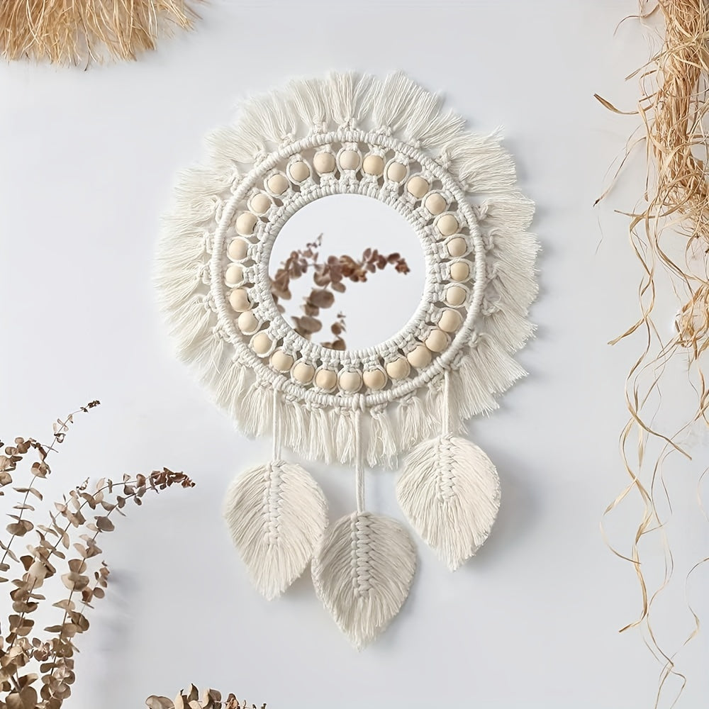 Boho Macramé Wall Mirror with Fringes – Decorative Mirror with Beads and Feathers