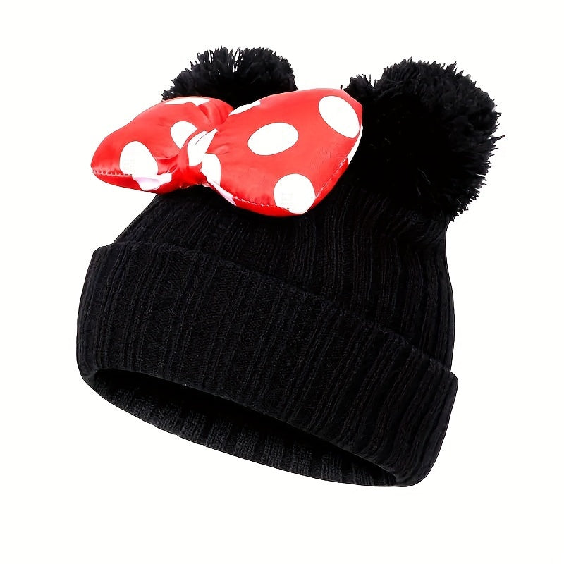 Sanne Cute Minnie Hat for Children - Knitted Beanie with Bow and Pom Poms