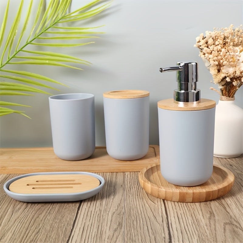 Bathroom Accessories Set with Bamboo Lid – 4-Piece Set for Bathroom Décor