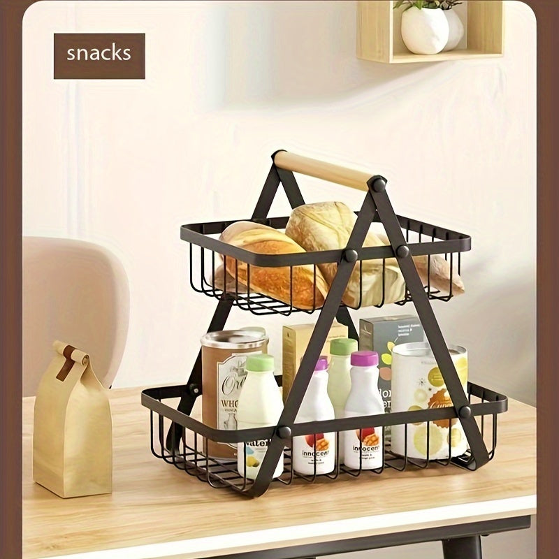 Two- and Three-Tier Storage Basket with Wooden Handle - Stylish Solution for Kitchen and Bathroom